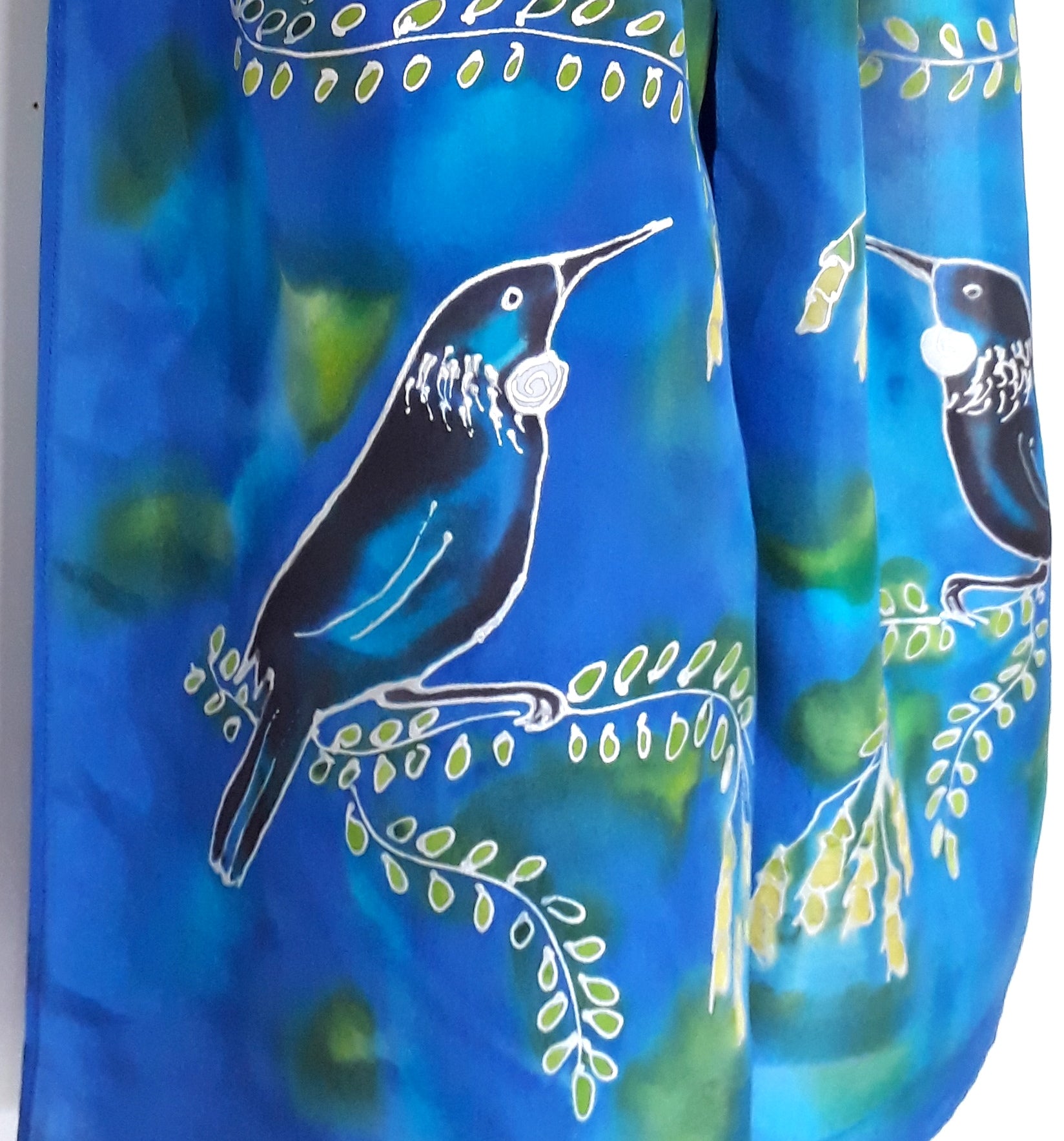 Tui with Kowhai Tree - Hand painted Silk Scarf - Satherley Silks NZ