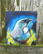 Tui Portrait, with Kowhai Necklace - Small  Outdoor Garden Art Panel - Satherley Silks NZ