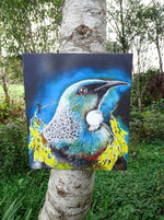 Tui Portrait, with Kowhai Necklace - Small  Outdoor Garden Art Panel - Satherley Silks NZ