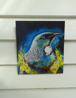 Tui Portrait, with Kowhai Necklace - Small  Outdoor Garden Art Panel - Satherley Silks NZ