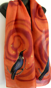 New Zealand Tui Bird on Burnt Orange  - Hand painted Silk Scarf - Satherley Silks NZ