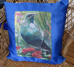 Tui and NZ Flora on Satin - Printed Cushion Cover.