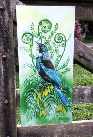 New Zealand Tui Bird with Korus  - Outdoor Garden Art Panel