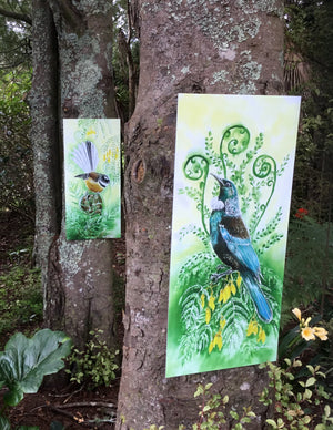 New Zealand Fantail Bird on Koru - Outdoor Garden Art Panel