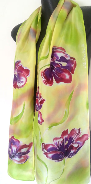 Tulips in Wine and Purple, on Lemon and Lime silk Scarf - Satherley Silks NZ