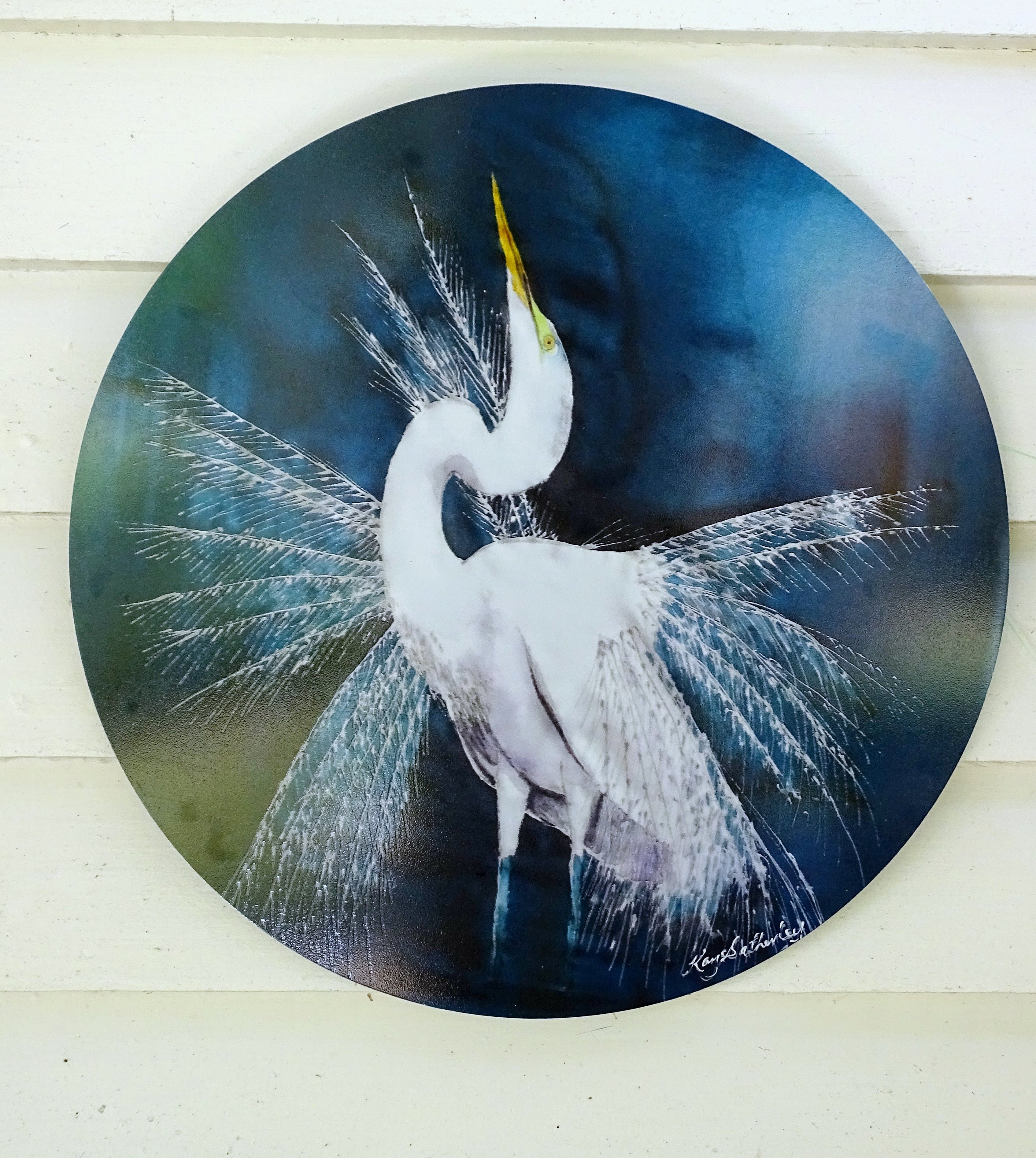 White Heron, Kotuku, New Zealand Bird - Circle Outdoor Art Panel