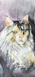 Commissioned Silk Painting of a Maine Coon cat. Bespoke Silk Art - Satherley Silks NZ