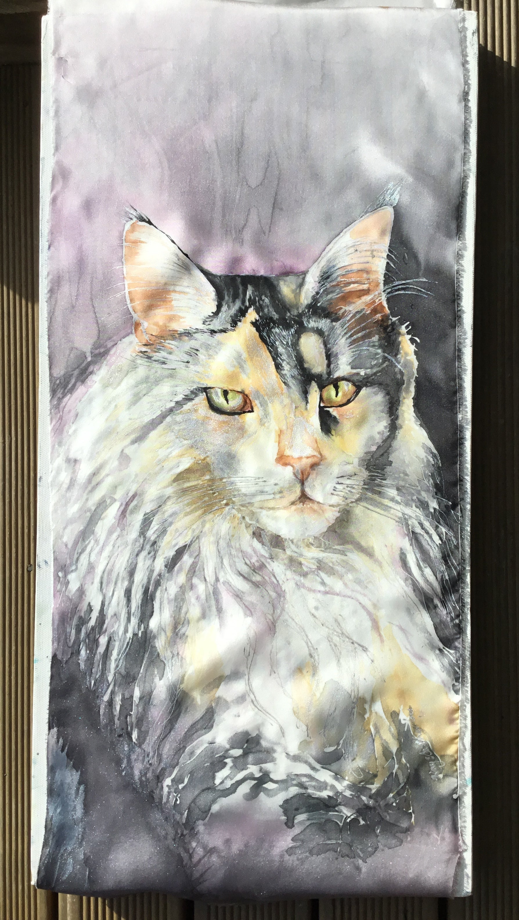 Commissioned Silk Painting of a Maine Coon cat. Bespoke Silk Art - Satherley Silks NZ